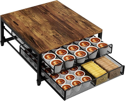 VyGrow Coffee Pod Holder For Counter, Wooden K Cup Holder with Double Layer Sliding Drawer, Large Capacity Coffee Pod Storage for Coffee Station, Home, Office, Kitchen