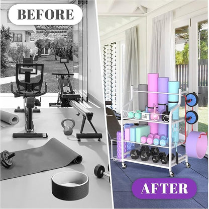 Mythinglogic Yoga Mat Storage Racks,Home Gym Storage Rack for Dumbbells Kettlebells Foam Roller, Yoga Strap and Resistance Bands, Workout Equipment Storage Organizer With Hooks and Wheels