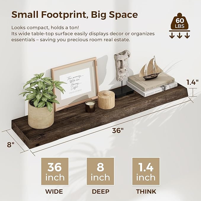 Dreamland Wood Floating Shelves 36 Inch Long, Rustic Solid Elm Wood Live Edge Shelves for Home Decor, 8 Inch Deep Wall Shelf for Living Room Bathroom Bedroom Kitchen, Walnut Color, Set of 2