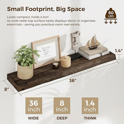 Dreamland Wood Floating Shelves 36 Inch Long, Rustic Solid Elm Wood Live Edge Shelves for Home Decor, 8 Inch Deep Wall Shelf for Living Room Bathroom Bedroom Kitchen, Walnut Color, Set of 2