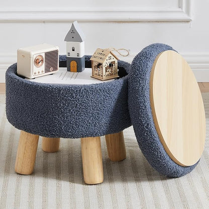 Small Foot Stool Ottoman with Storage, Sherpa Ottoman Foot Rest for Couch, Round Footstool with Storage, Small Ottomans and Footstools for Living Room and Entryway (Navy Blue)