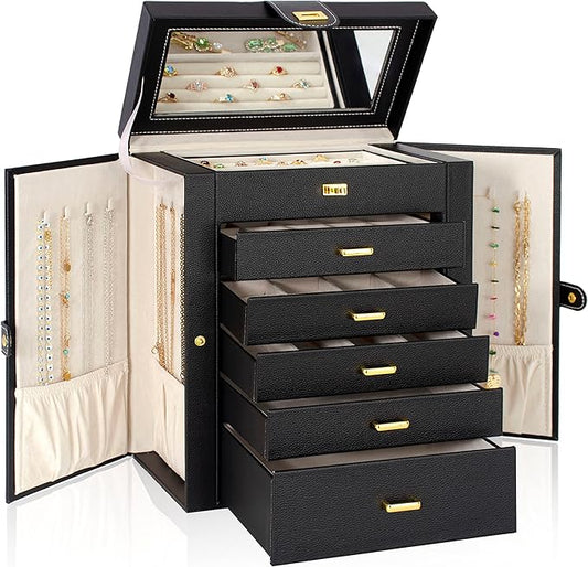 AKOZLIN 6-Tier Jewelry Box Organizer Functional 5 Drawers Leather Jewelry Storage Case for Women Girls Ring Necklace Earring Bracelet Holder Organizer with Mirror Black Large