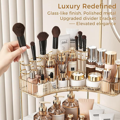 BEFSOP Corner Bathroom Counter Organizer, Upgraded 3-Tier Makeup Organizer Countertop with Makeup Brush Holder, Skincare Exquisite Vanity Organizers Countertop Bathroom Storage Dresser(GOLD)