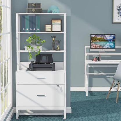 Tribesigns 2 Drawer Vertical File Cabinet with Lock & Bookshelf (Set of 2), Letter Size Large Modern Filing Cabinet Printer Stand with Open Storage Shelves for Home Office, White