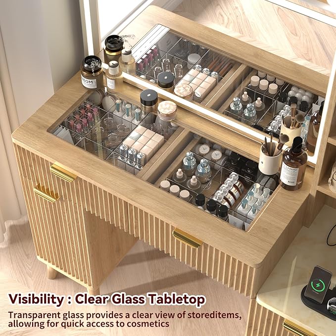 47" Fluted Makeup Vanity Desk with 32" Mirror and Lights, Modern Glass Top Large Vanity Table with 5 Drawers and 2 Storage Cabinets, Dressing Table Set with Charging Station for Bedroom-Gold