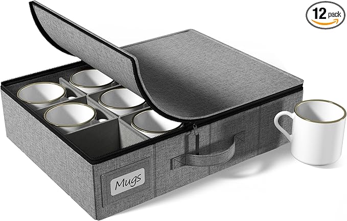 Sorbus Coffee Mug Organizer - Storage Case with Hard Shell, Label Windows, Handles & Dividers (Fits 12 Mugs)