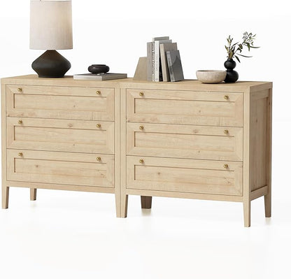 3 Drawers Dresser for Bedroom Set of 2, Farmhouse Closet Storage Organizer with Golden Handles, Wooden Nightstand End Table for Living Room, Bedroom, Entryway, Hallway, Light Oak