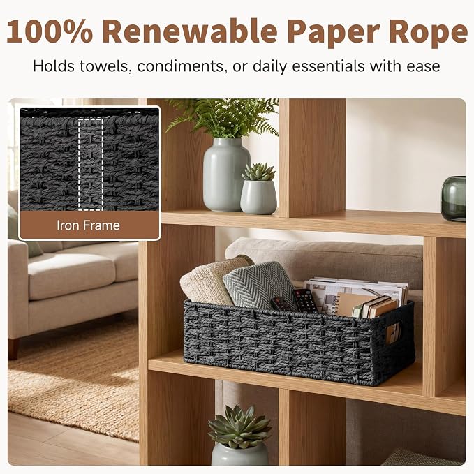 StorageWorks Small Wicker Toilet Basket Tank Topper with Built-in Handles, Toilet Paper Baskets for Back of Tank, Paper Rope Bathroom Basket Organizer and Storage for Rustic Bathroom Decor, Black