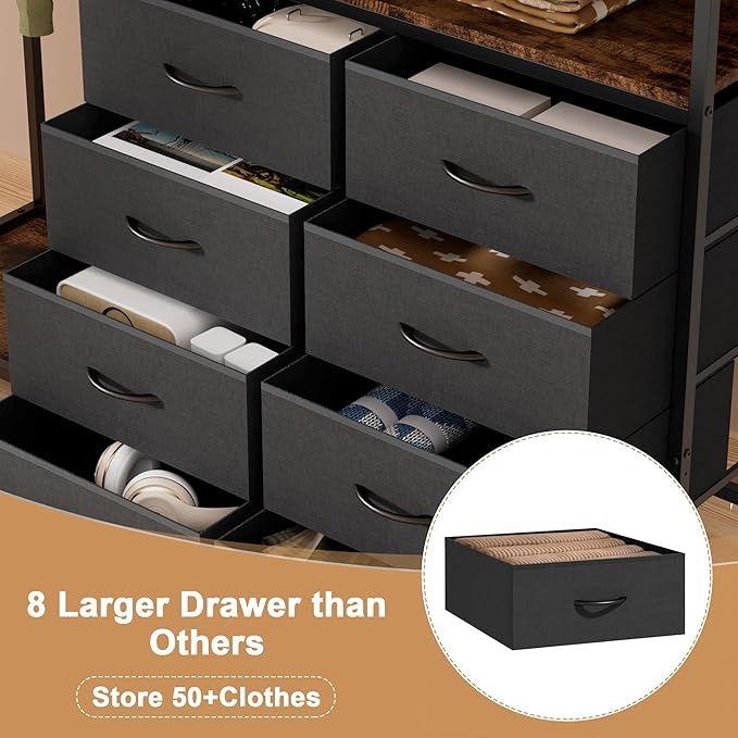Dresser with Clothes Rack,58" H Clothing Rack with Fabric Drawers & LED Lights,Clothes Racks for Hanging Clothes,8 Drawers Dresser,Garment Rack for Bedroom with Charging Station,Grey
