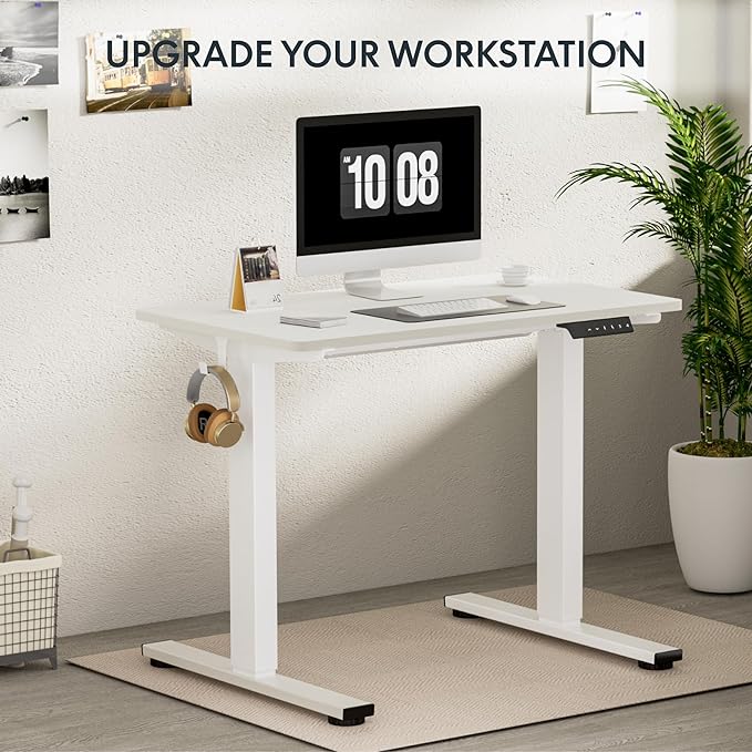 FLEXISPOT EN1 One-Piece Standing Desk, 40"x24" Seamless Desktop Electric Height Adjustable for Home Office, Study Rooms & Multi-Device Workstations, White(White Frame)