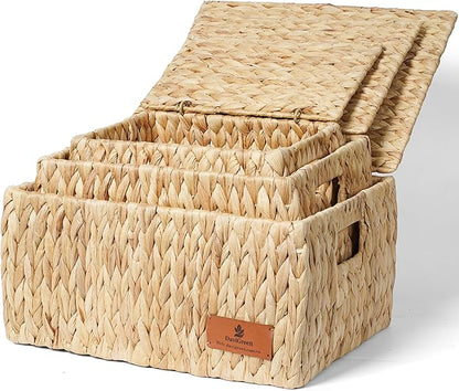 Natural Water Hyacinth Storage Baskets, 3-Piece Handwoven Nesting Organizer Set, Decorative Woven Containers for Bathroom, Kitchen, Living Room (Set 3 Baskets with Lids)