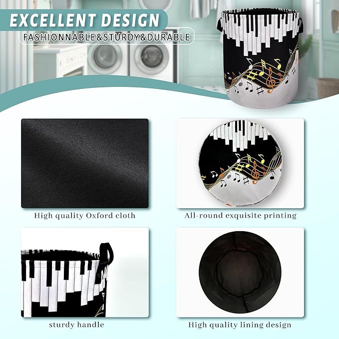 Piano Keyboard Laundry Basket Foldable With Handles Music Notes Tote Bag Oxford Cloth Colorful Laundry Hamper Clothes Storage Bucket Toy Organizer For Bathroom/Laundry/Bedroom 18.9"x16.5 "