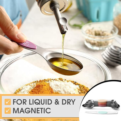 Spring Chef Stainless Steel Metal Magnetic Measuring Spoons Set of 8 with Leveler, Heavy Duty Nesting Teaspoon & Tablespoon Measuring Spoons, Kitchen Gadgets for Baking & Cooking - Desert Sunset