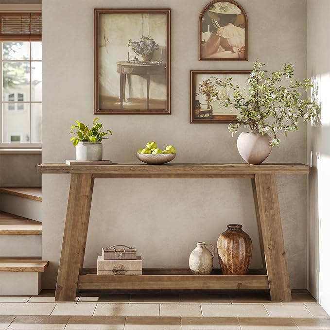 63-Inch Solid Wood Console Table, Farmhouse Entryway Table with 2-Tier Shelf, Narrow Sofa Table Behind Couch for Living Room, Hallway, Foyer