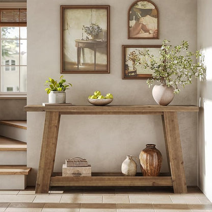 63-Inch Solid Wood Console Table, Farmhouse Entryway Table with 2-Tier Shelf, Narrow Sofa Table Behind Couch for Living Room, Hallway, Foyer