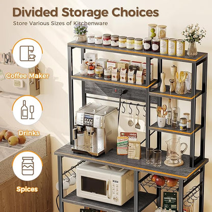 SUPERJARE Large Bakers Rack with Power Outlets, 6-Tier Microwave Stand, Coffee Bar with 12 S-Shaped Hooks, Kitchen Shelf with Wire Basket, 39.4 x 14.6 x 66.9 Inches, Charcoal Gray