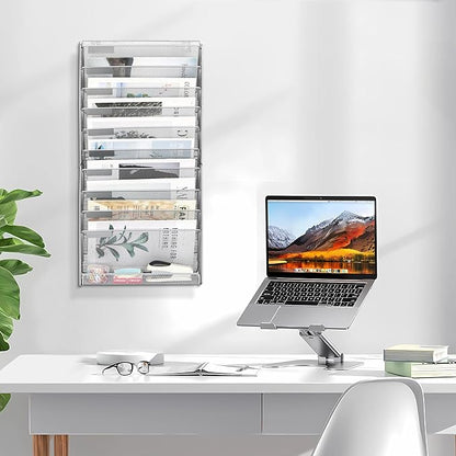 EasyPAG Wall File Holder 10 Tier Mesh Hanging Folder Organizer with Flat Tray Wall Mounted Mail Organizer Magazine Paper Desk Shelf with Nametag Label for Office Home School, Silver