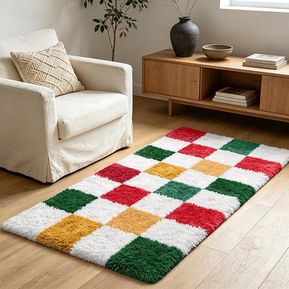 Shag Runner Rug for Bedroom Living Room 3x7 Upgrade Non-Slip Fluffy Soft Bedside Rugs,Checked Shaggy Carpet for Livingroom Dorm Home Decor Aesthetic