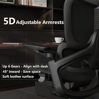 Ergonomic Office Chair, Big and Tall Home Desk Chair with Adjustable 3D Lumbar Support, 5D Armrest, 4D armrests, Mesh Computer Chair,90-130°Tilt, Model Zen (All Black)