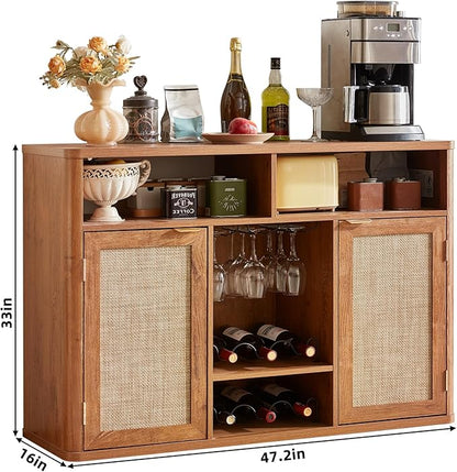 Lerliuo Rattan Wine Cabinet with 2 Doors, Boho Liquor Cabinet with Wine Racks, Farmhouse Coffee Bar Station for Living Room, Dining Room, Kitchen, Tea Brown