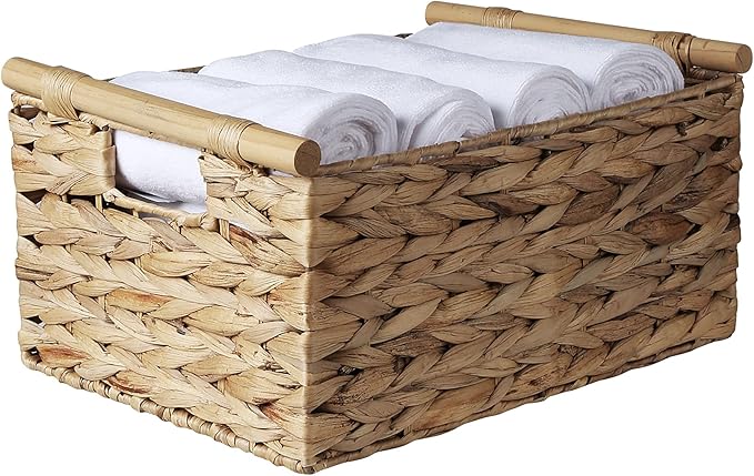 BSTNASI Natural Water Hyacinth Storage Baskets for Organizing Small Wicker Baskets With Handles, Woven rectangle Baskets for Storage Baskets for Shelves, Large Rectangular Towel Basket