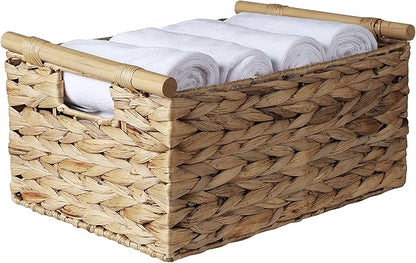 BSTNASI Large Rectangular Wicker Basket With Built-in Wooden Handles, Water Hyacinth Woven Basket for Organizing, Utility Shelves, Towel Storage Basket