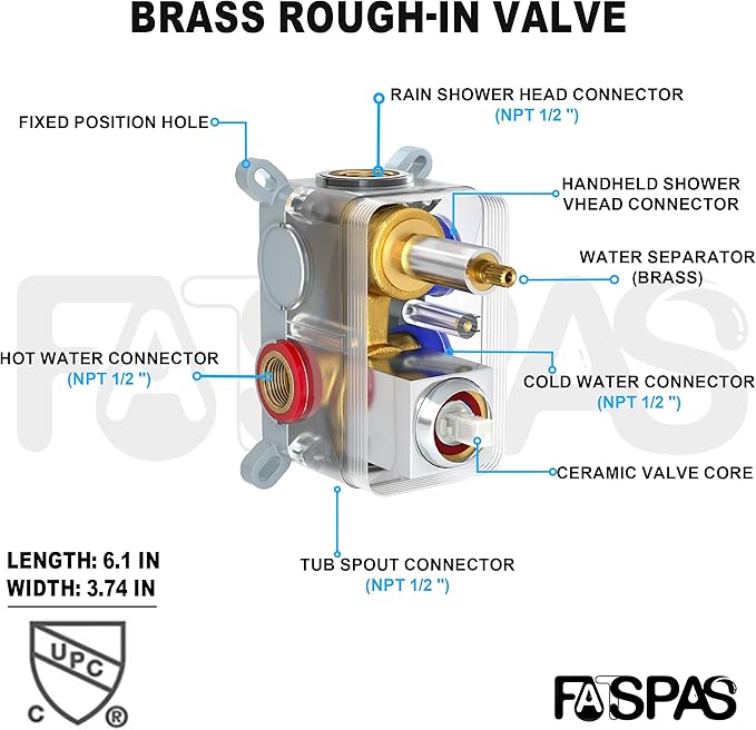 Polished Chrome Shower System with 10-Inch Rain Showerhead and Tub Spout | cUPC-certified pressure balance brass valve to prevent scalding, CEC-certified air injection technology for low pressure