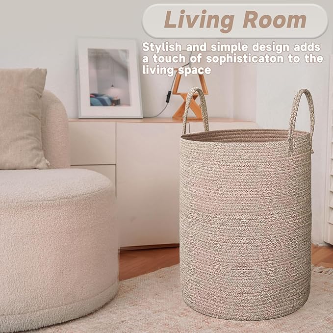 JMvicyroam Large Woven Laundry Basket Hamper,100L Cotton Rope Storage Bin for Blankets,Toys and Clothes,Decorative Tall Nursery Hamper for Living Room,Baby Nursery,Bathroom and Bedroom,Oatmeal