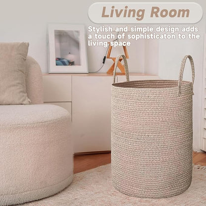 JMvicyroam Large Woven Laundry Basket Hamper,60L Cotton Rope Storage Bin for Blankets,Toys and Clothes,Decorative Tall Nursery Hamper for Living Room,Baby Nursery,Bathroom and Bedroom,Oatmeal