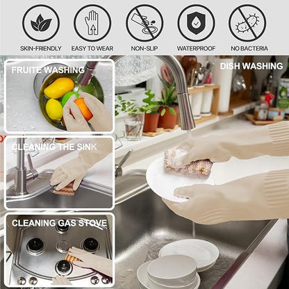 DABOGOSA Reusable Waterproof Household Dishwashing Cleaning Rubber Gloves, Non-Slip Kitchen Glove (Ivory, XL (Pack of 3))