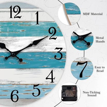 KECYET Wall Clock Battery Operated 12 Inch Outdoor Beach Style Blue Coastal Retro Silent Non Ticking Decorative for Bathroom Kitchen Living Room Bedroom