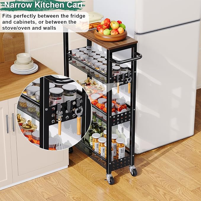Utility Slim Storage Cart, Skinny Rolling Spice Rack with Table Top, Small Laundry Organizers and Storage Shelves for Between Washer and Dryer, Thin Shelf for Narrow Spaces, 4 Tier Bathroom Cabinet