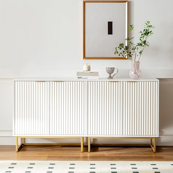 Fluted Storage Cabinets Set of 2, Sideboard Buffet Cabinet Accent Cabinet with Adjustable Shelves, Modern Credenza, Console Table Entryway Cabinets for Living Room, White