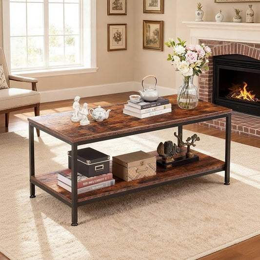 SUPER DEAL 2-Tier Coffee Table with Storage Shelf for Small Apartment Living Room, Rectangle Wood and Stable Metal TV Stand Side End Table, Rustic Brown