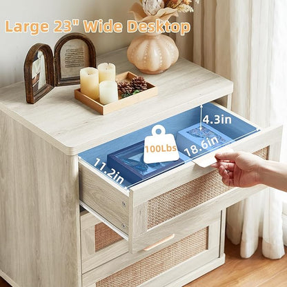 LEYAOYAO Rattan Night Stand with Drawers, 23" Large 3 Drawer Boho Nightstand, Grey White Bedside Table Storage Cabinet, Bed Side End Tables Dresser for Bedroom, Living Room, Hallway, Closet
