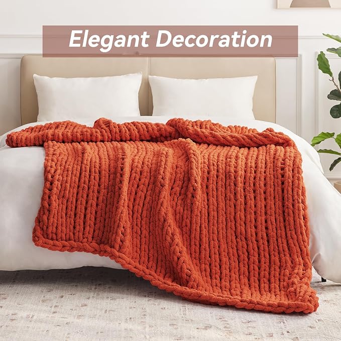 Negwoo Chunky Knit Throw Blanket, 80''*90'' Knitted Throw Chenille Yarn for Bed Couch, Handmade Orange Crochet Big Thick Blanket, Machine Washable Cute Comfy Blanket for Home Decor