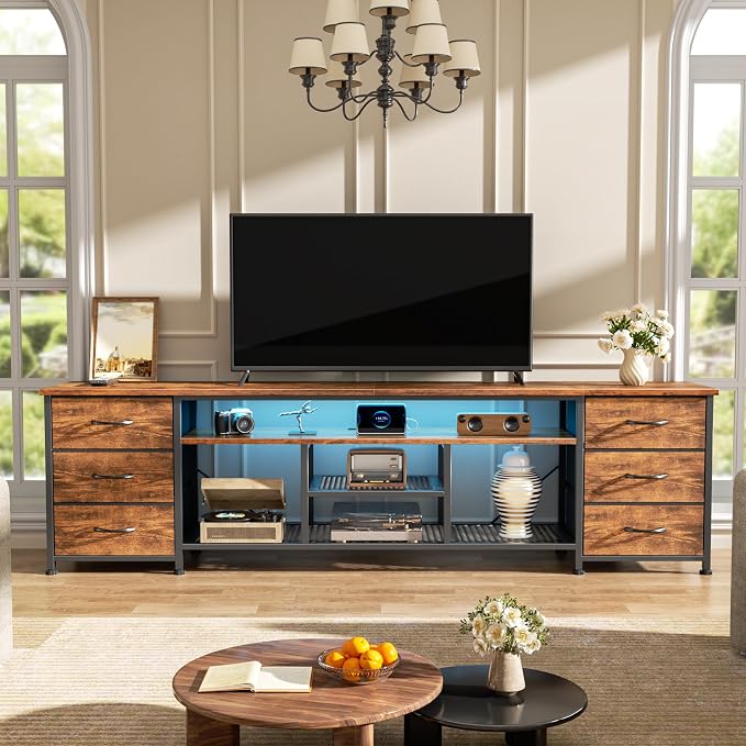 Furologee LED TV Stand for 65, 75, 80 Inch TV, 71 Inch Entertainment Center with Power Outlets, 6 Fabric Drawers Dresser for Bedroom, Media Console with Open Shelves, Rustic Brown