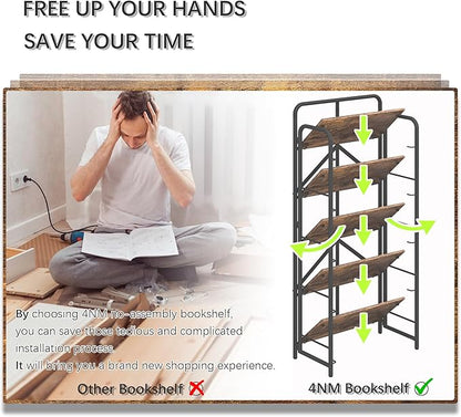 4NM No Assembly Folding Bookshelf, 5 Tiers Collapsible Book Shelves Open Industrial Foldable Storage Bookcase Shelf for Bedroom, Living Room, Home Office - Rustic Brown and Black