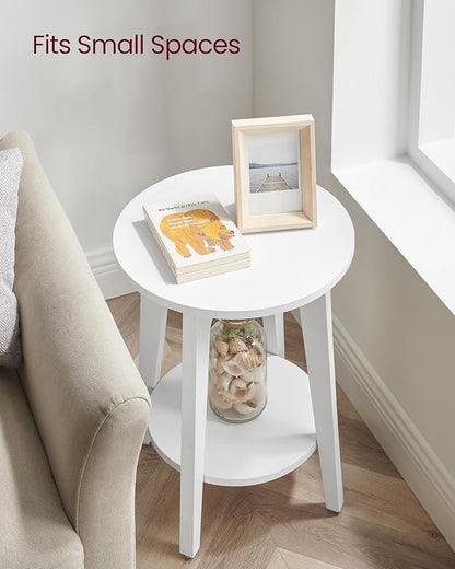 VASAGLE MAEZO Collection - Side Table, 2-Tier Small Round End Table, Nightstand with Tapered Legs, Curved Transitions, for Small Spaces, Living Room, Bedroom, Cloud White ULET283T14 | Lower Shelf, Small Spaces, Living Room, Bedroom
