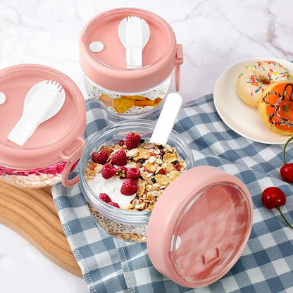 Gerrii 4 Pcs Overnight Oats Container with Lids and Spoons, 20 oz Plastic Overnight Oats Jars Large Capacity Airtight Yogurt Container for Milk, Fruit, Cereal and Salad Storage (Pink)