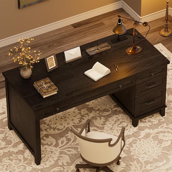 53.5" Farmhouse Home Office Desk with File Cabinet, Wooden Executive Desk with Power Outlet, Work Desk with Drawers, Traditional Wood Desk for Home and Office, Black