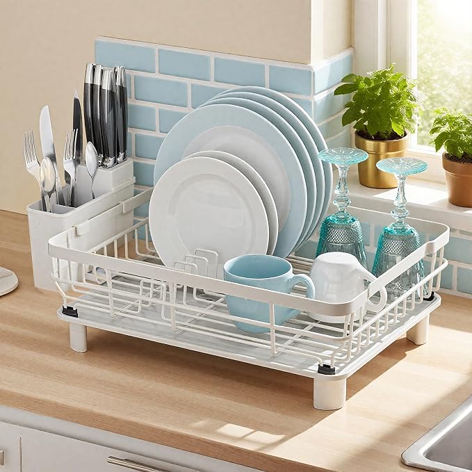 MOUKABAL Dish Drying Rack, Dish Rack, Stainless Steel Dish Racks for Kitchen Counter, Dish Drainer with Removable Utensil Holder, Drainboard (White,13''W x 17''L)