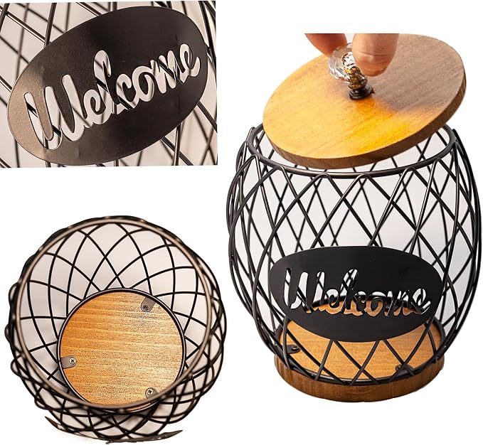 Black Metal Wire Coffee Pod Holder Basket with Wood Base & Lid, Crystal Knob Capsule Organizer Compatible with Nespresso Vertuo, Holds 26 Vertuo or 14 K Cups for Coffee Station Countertop