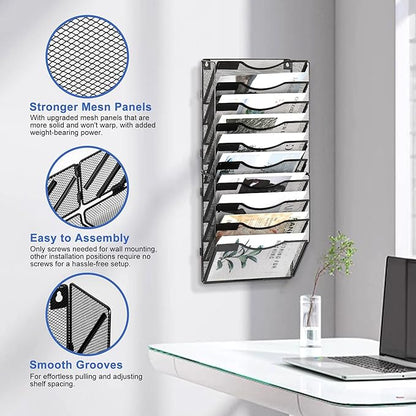 EasyPAG Wall File Organizer for Office 10 Pocket Mesh Wall Mounted Paper Organizer Hanging Folder Holder with Nametag Label for Home School, Black