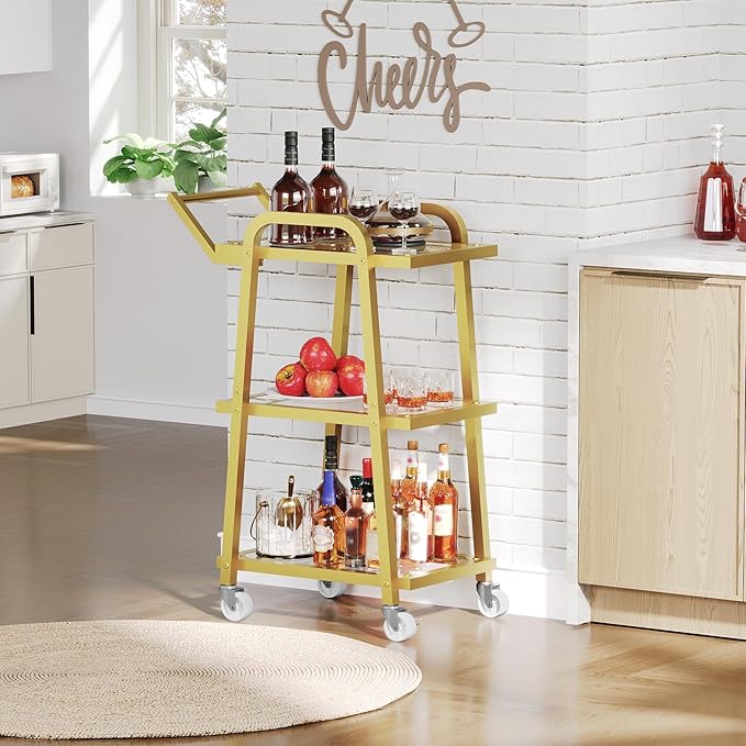 3 Tier Bar Cart, Home Bar Serving Cart, Rolling Bar Cart with Wheels, Mobile Drink Cart, for Kitchen, Garden, Party, Gold BC07GD