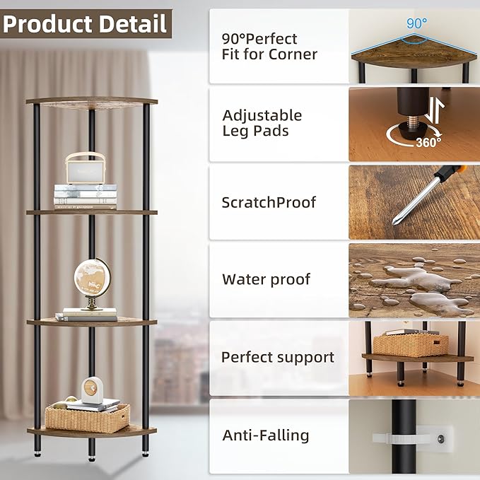 QLSPTFTS 4 Tier Corner Shelf, Bookcase for Small Spaces, Corner Display Shelf, Plant Stand, Rustic Brown and Black,Suitable for Bedroom,Living Room,Kitchen