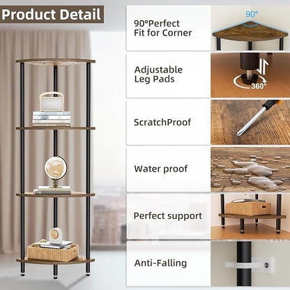 QLSPTFTS 4 Tier Corner Shelf, Bookcase for Small Spaces, Corner Display Shelf, Plant Stand, Rustic Brown and Black,Suitable for Bedroom,Living Room,Kitchen