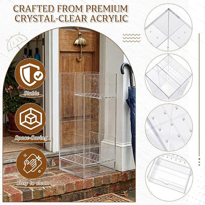Leinuosen 9 x 9 x 22 Inch Clear Acrylic Umbrella Stand Organizer, Thick Freestanding Entryway Umbrella Holder with Long and Short Compartments, Modern Storage Rack for Home, Office and Lobby