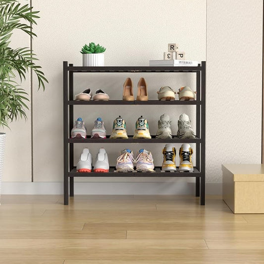 ROMGUAR CRAFT 4 Tier (Thick) Bamboo Shoe Rack for Closet Free Standing Wood Shoe Shelf for Entryway Small Space Stackable 27"x12"x28" (Black Brown)