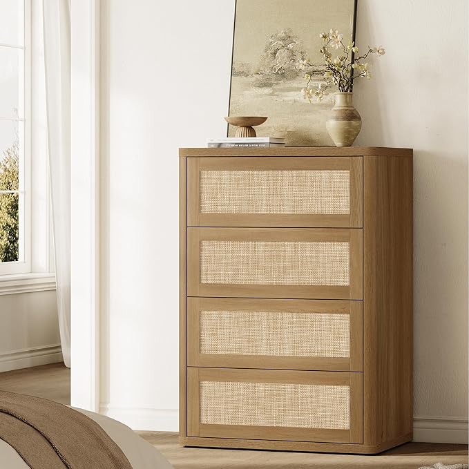 SICOTAS 4 Drawer Dresser for Bedroom-40.59'' Tall Rattan Bedroom Dressers with Oversized Drawers, Modern Wooden Chest of Drawers, Push-to-Open Storage Dresser for Closet, Nursery, Amber Oak